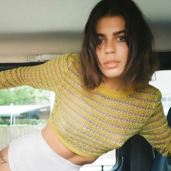 Zara Yellow Gold and Purple Striped Pointelle Knit Crochet Cropped Sweater L - Picture 8 of 8